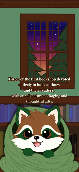 Cartoon raccoon character with a bookshelf and window in the background, promoting a bookshop for indie authors.